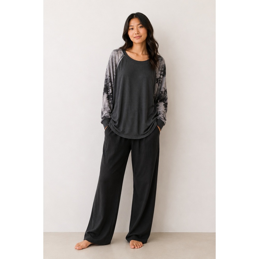 Umgee Large Gray Thermal Waffle Knit Tie Dye Raglan Sleeve Tunic Top M5187